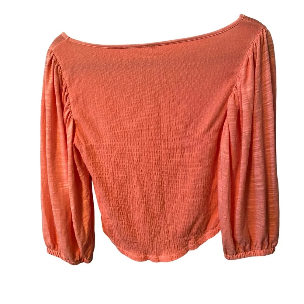 Free‎ People Smocked Puff Sleeve Crop Top Coral Textured Scoop Neck Size M
